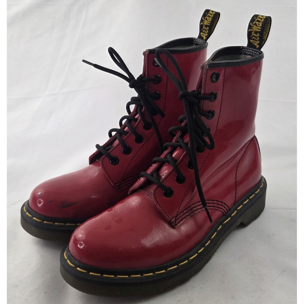 Dr. Martens 1460W Patent Leather Boots Womens 7 Red Lace Up Combat Grunge